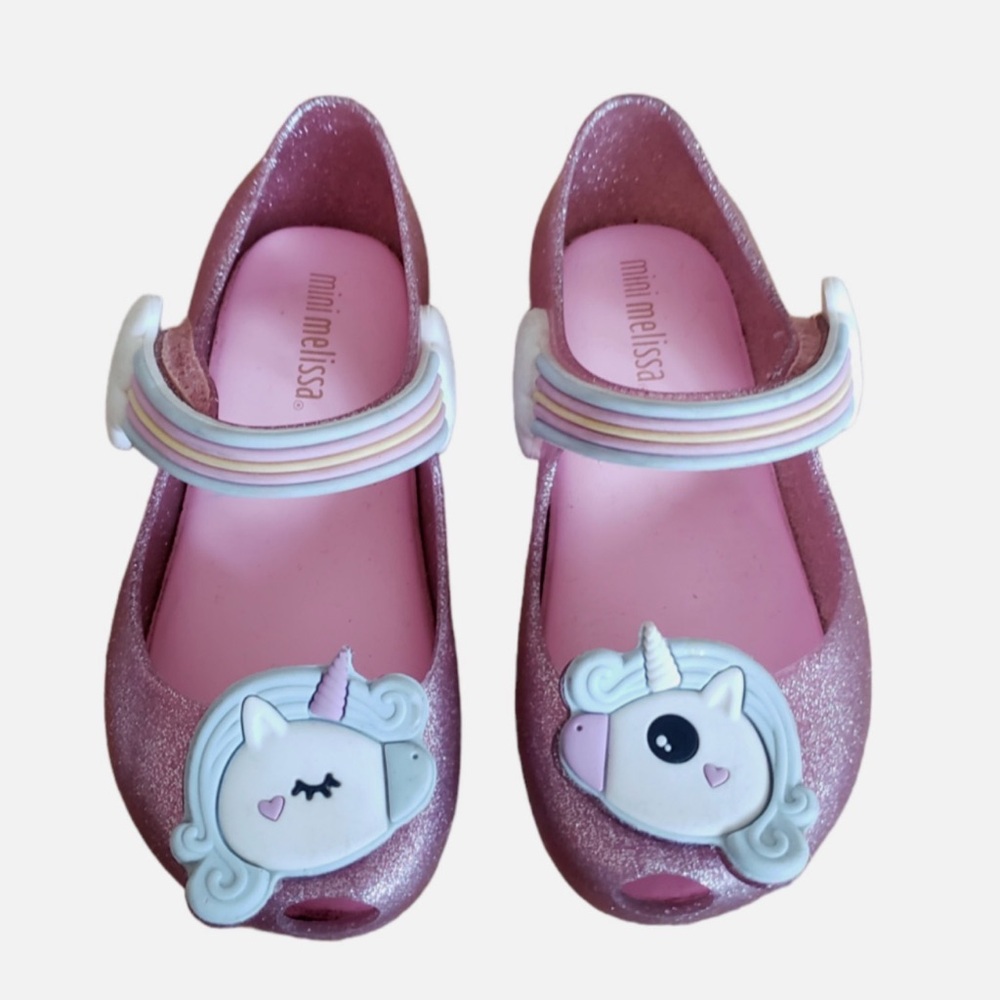 Mini Melissa Pink Glitter Unicorn Jelly Mary Janes with Rainbow Strap Size 5 Bab